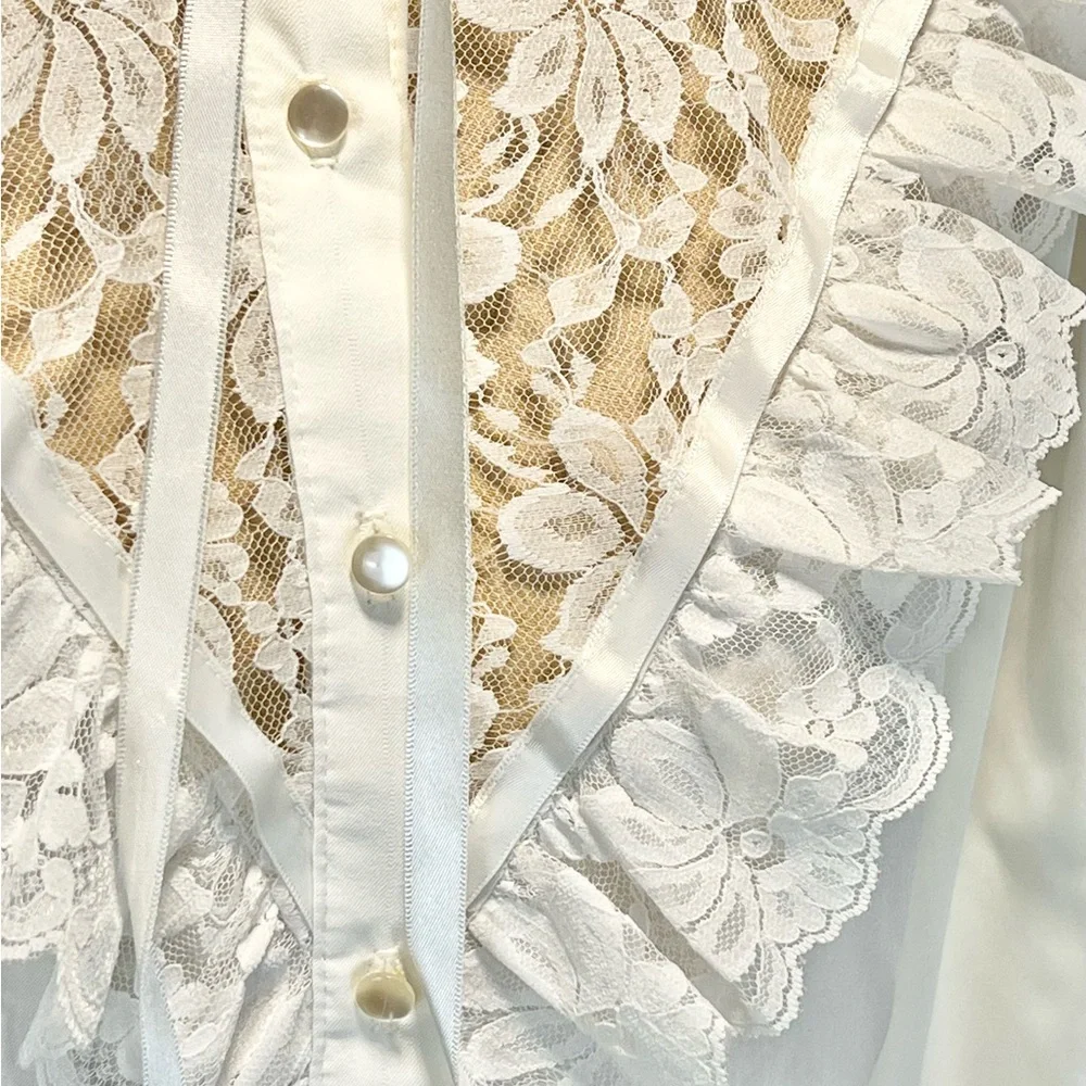 VINTAGE lace ruffle fancy blouse button down Victorian high neck ribbon bow 80s - Picture 5 of 14